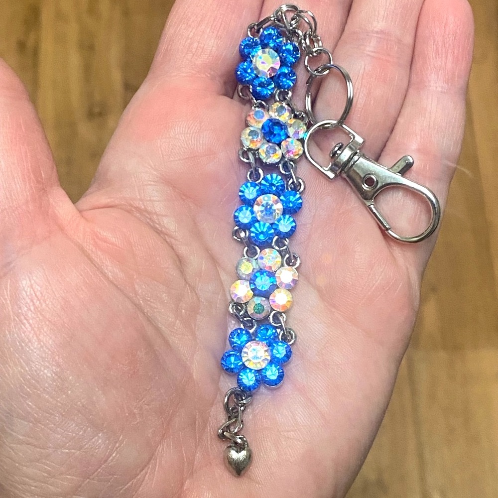 Hand Crafted Spring Floral Bag Charm With Blue & Aurora Borealis Rhinestones - Picture 3 of 7